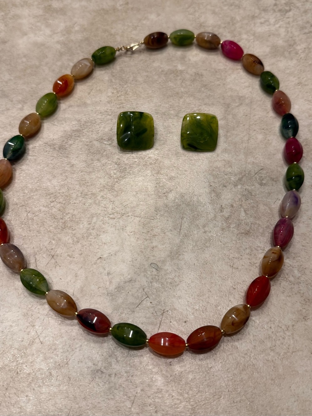 Multicolor Glass Bead Necklace with Matching Green Glass Stud (clip on) Earrings
